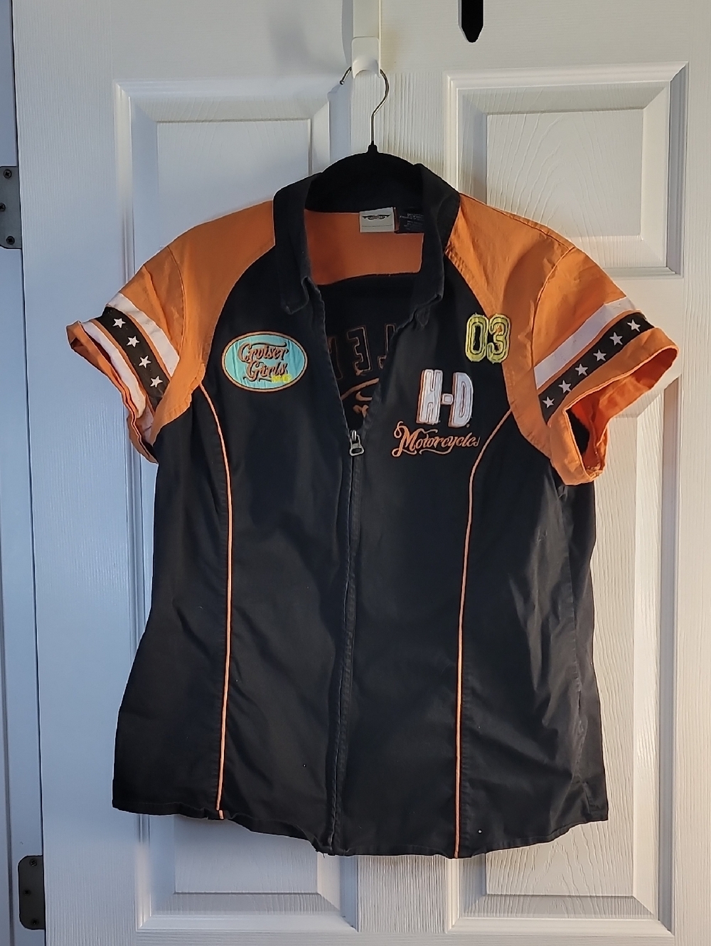 Harley-Davidson Black and Orange Short Sleeve Zipper Down Shirt